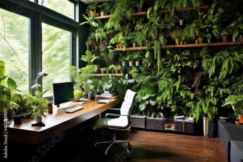 Eco home office with table, comfortable armchair and laptop. Background from leaves and plants. Plant wall with lush green colors