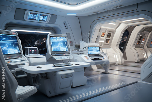 Design the interior of the International Space Station with sleek, white, and minimalistic surfaces, featuring state-of-the-art control panels, touchscreens, and ergonomic seating, Generative AI