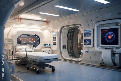 Create a state-of-the-art medical bay with diagnostic equipment, telemedicine capabilities, and a surgical area, ensuring astronauts receive prompt and advanced healthcare during t Generative AI © Maksym