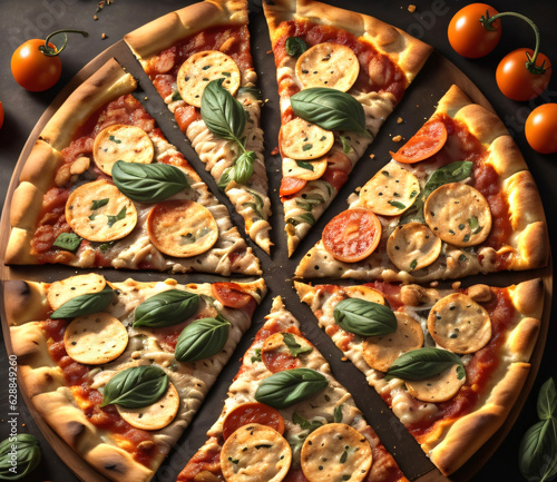 sliced pizza and tomatoes, top view, fast food