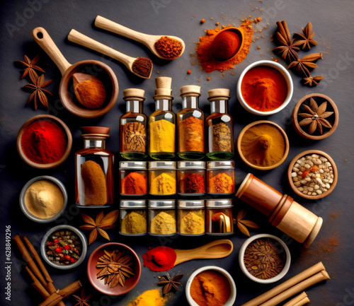  bottles and small bowls with various spices,top view