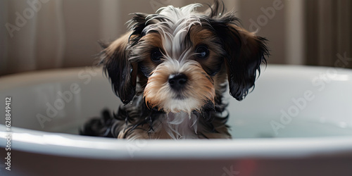 Cute and happy puppy dog sitting in a bathtub. Generative AI