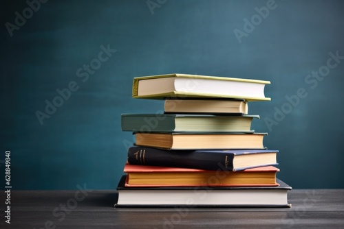 Stack of books and pencils on school table font of blackboard, Ai Generator. © Prathankarnpap