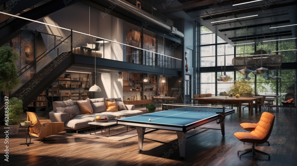 A tech startup workspace featuring a ping-pong table, bean bag chairs, and innovative design elements. Generative AI A tech startup workspace featuring a ping-pong table, bean bag chairs, and innovative design elements. Generative AI