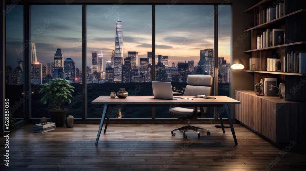 A small, private office setup with a wooden desk, leather chair and an extensive city view. Generative AI