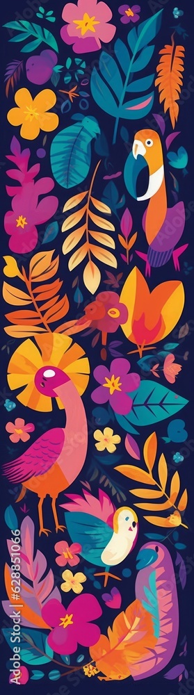  colorful illustration with tropical flowers, leaves, monkey, flamingo and birds. Brazil tropical pattern.  Rio de janeiro pattern, Generative AI