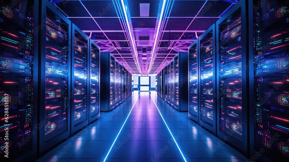 An impressive, cutting-edge data center with rows of servers and multicolored LED lights. Generative AI