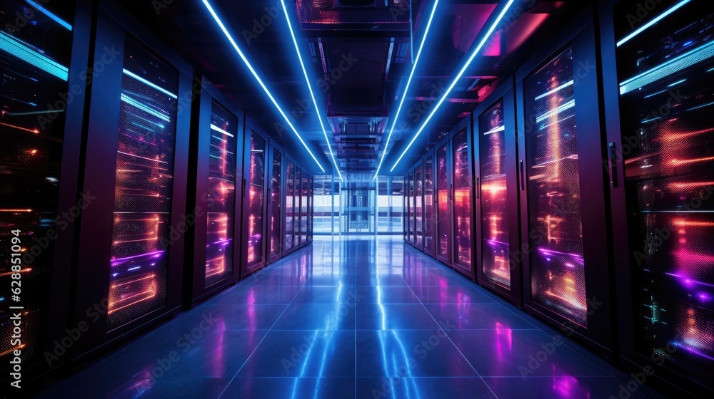 An impressive, cutting-edge data center with rows of servers and multicolored LED lights. Generative AI An impressive, cutting-edge data center with rows of servers and multicolored LED lights. Generative AI