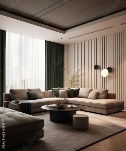 Lounge area with chairs and sofa, couch minimalist style, concept with calm colors and round architecture. 3d render