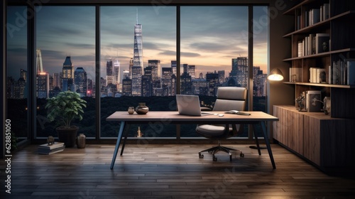 A small, private office setup with a wooden desk, leather chair and an extensive city view. Generative AI © Jane Kelly