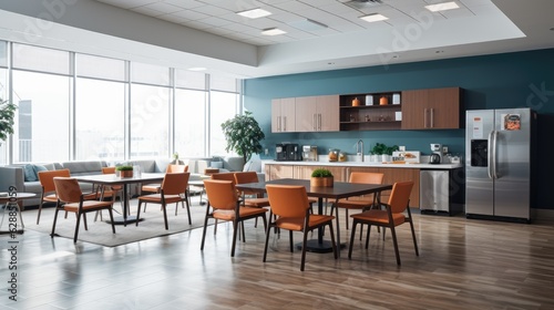 A bright, spacious break room in an office building with contemporary kitchen appliances and comfortable seating. Generative AI