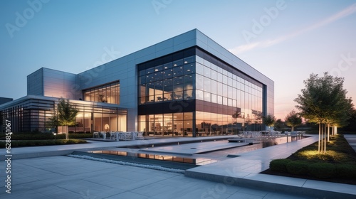 The exterior of a modern corporate building demonstrating clean design and sleek lines. Generative AI