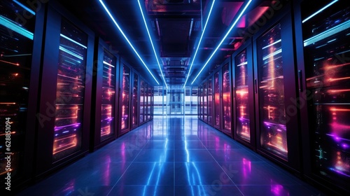 An impressive  cutting-edge data center with rows of servers and multicolored LED lights. Generative AI