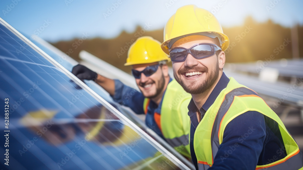 professional workers installing solar panels. renewable and sustainable energy professional workers installing solar panels. renewable and sustainable energy