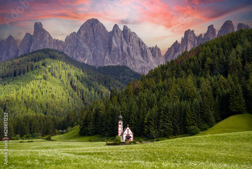 Italy, Saint St Johann Church, summer, San Giovanni Church, Geisler Spitzen, Dolomites, Val di Funes, Trentino, Sunset © Sanfira
