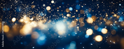 Abstract background - shiny gold with defocused lights in the night, garland lights, bokeh on dark blue background. AI generation