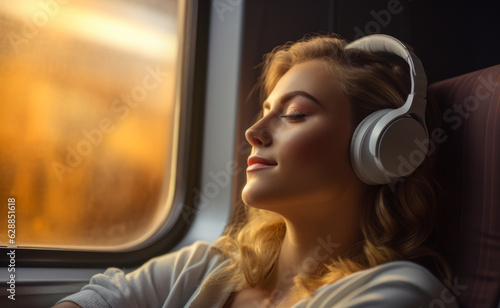 Young woman with headphones relaxing during a train trip. Generative AI. © JuanM