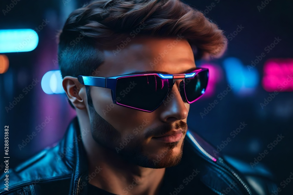 Image of a futuristic young man wearing retrowave sunglasses Image of a futuristic young man wearing retrowave sunglasses