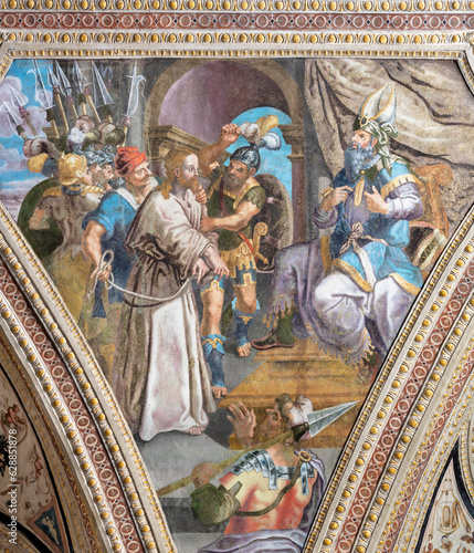 NAPLES, ITALY - APRIL 23, 2023: The fresco of  Jesus before Highpriest in San...