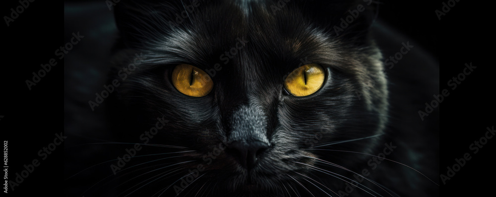 Scary and captivating, the yellow eyes of a black cat staring into the camera create a sense of horror and fascination. Is AI Generative.