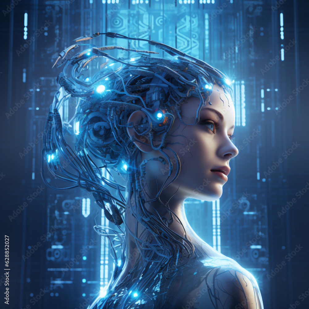 Retrato androide femenino entorno azul tecnológico  - obrazy, fototapety, plakaty 