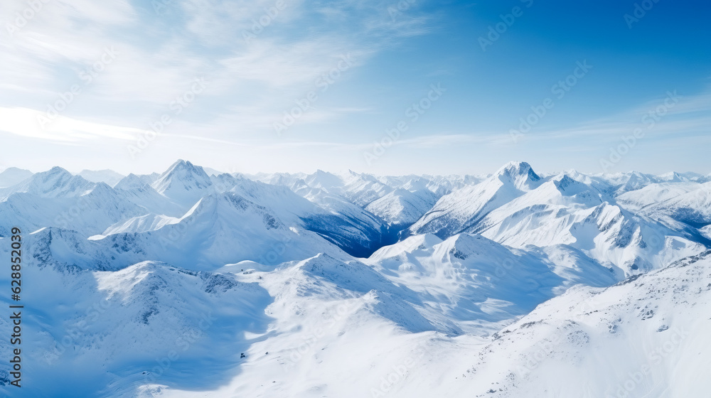 Drone view, mountain range in winter, snow-capped mountains, ridge. AI generation