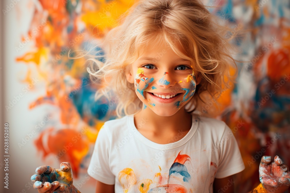 A cute girl smeared in multi colored paint smiles cheerfully. Ai generated
