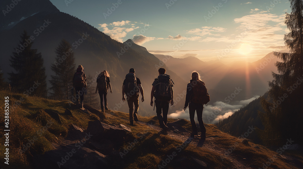 a group of friends hiking in the mountains