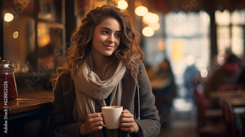 a woman enjoying a cup of coffee in a cozy cafe © PixelGuru