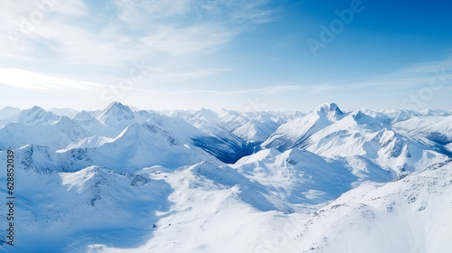Drone view  mountain range in winter  snow-capped mountains  ridge. AI generation