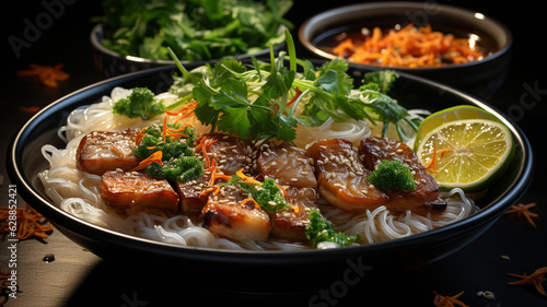 delicious noodles in bowl, closeup.generative ai