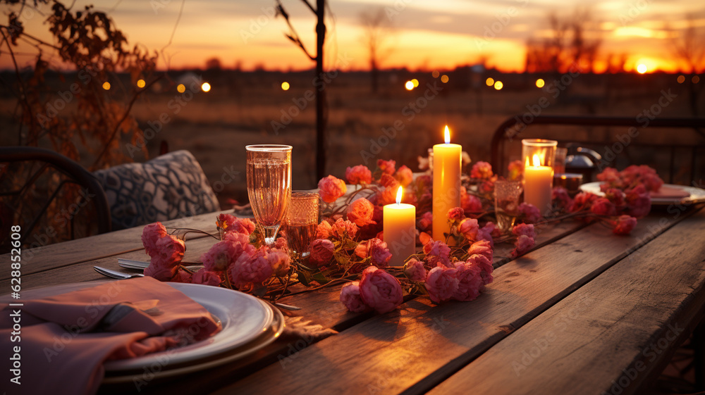 romantic dinner on the evening table.generative ai
