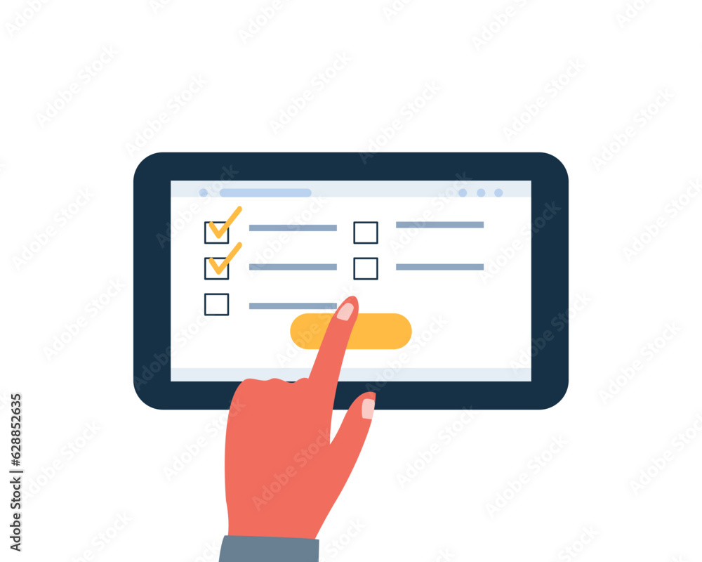 The online survey, checklist. Handholds tablet Survey vector. Marked checklist on screen. Successful completion. The online survey, checklist. Handholds tablet Survey vector. Marked checklist on screen. Successful completion.