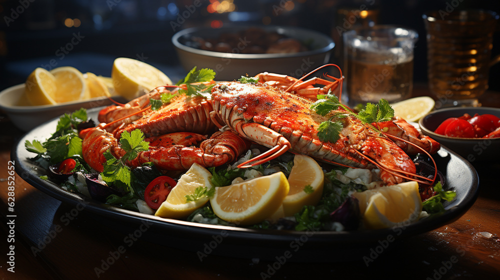 delicious seafood served on plate on table.generative ai delicious seafood served on plate on table.generative ai