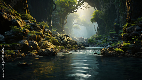 fantasy mountain forest with rocks and waterfall.generative ai