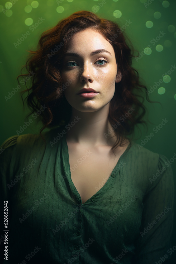 a woman in a green top with freckles on the chest a woman in a green top with freckles on the chest