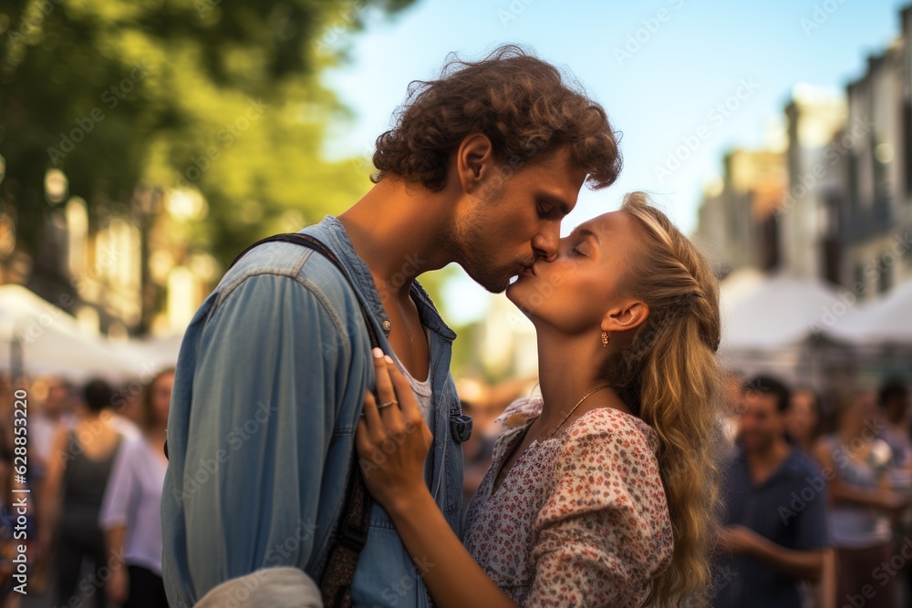 A couple kissing in the crowd on the street. It is summer. The couple is wearing summer clothes. A couple kissing in the crowd on the street. It is summer. The couple is wearing summer clothes.