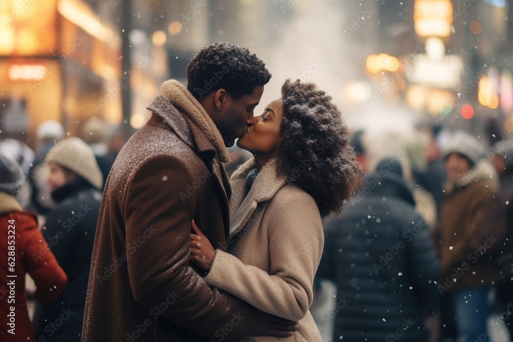 A couple kissing in the crowd on the street. A black man and a black woman. It is winter. The couple is wearing winter clothes.