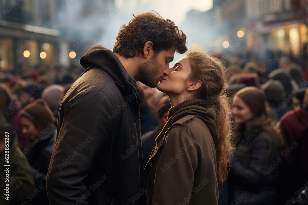 A couple kissing in the crowd on the street. It is winter. The couple is wearing winter clothes. A couple kissing in the crowd on the street. It is winter. The couple is wearing winter clothes.