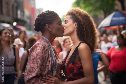 A couple kissing in a crowd on the street. A lesbian couple. A black woman and a white woman. It's summer. The couple is wearing summer clothes. © Firat