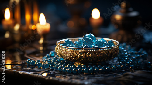 burning candle and a rosary.generative ai