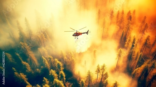 Canvas Print Witness intense firefighting efforts as a helicopter swoops down to extinguish a forest fire