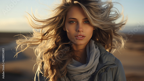 beautiful young model with long curly hair posing in the desert.generative ai © S...