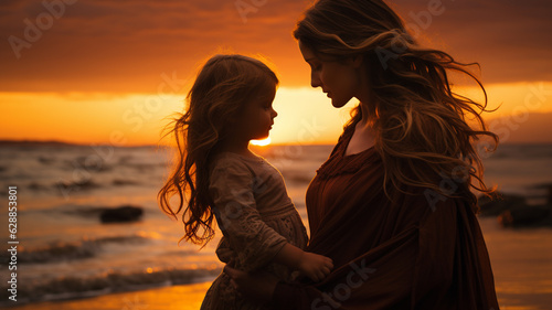 mother and daughter on the beach at sunrise.generative ai