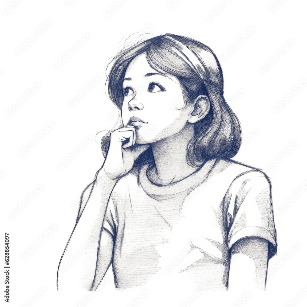 White girl in thinking and doubts monochrome illustration. young woman character with dreamy face on abstract background. Ai generated black and white drawn poster. White girl in thinking and doubts monochrome illustration. young woman character with dreamy face on abstract background. Ai generated black and white drawn poster.
