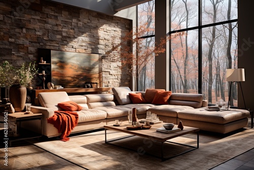 Spacious modern interior with a large sofa and panoramic windows in a loft style in a trendy color. Ai generated.