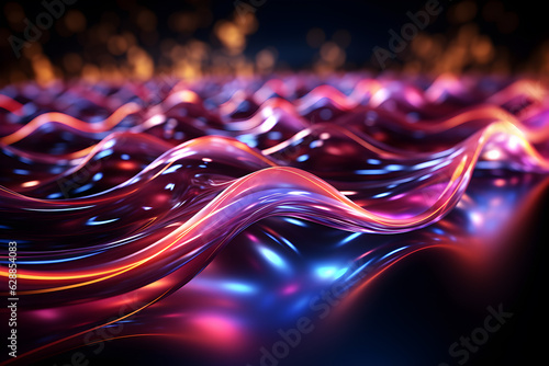 Abstract background with neon lines glowing in ultraviolet light, and bokeh lights. Data transfer concept. Digital futuristic wallpaper. Generative AI.