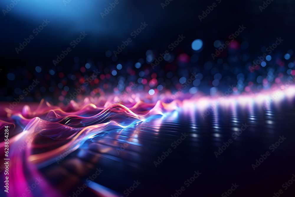 Abstract background with neon lines glowing in ultraviolet light, and bokeh lights. Data transfer concept. Digital futuristic wallpaper. Generative AI.