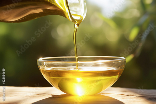  Olive oil is poured from a bottle into a bowl