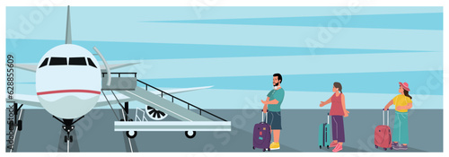 graphic illustration boarding passengers on the plane conversation near the gangway